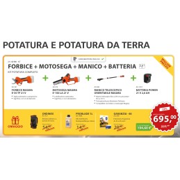 Acquista kit Motosega e-150 LA + Forbice magma E35 + Manico Telescopico 235 cm + Batteria 2,6 ah + Omaggi con riferimento 62106 della ditta Stocker