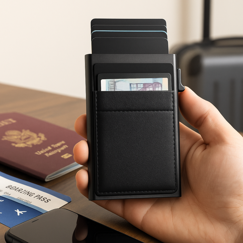 Acquista Komiprotect NEXO RFID Portacarte Slim in Alluminio con tasca in Licra per banconote e monete con riferimento K127 della ditta KOMIPROTECT