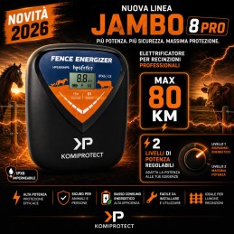 Acquista Elettrificatore Recinzione JAMBO 8 PRO 2026 Komiprotect | 12V / 220V | 80 km | Professionale con riferimento della ditta KOMIPROTECT