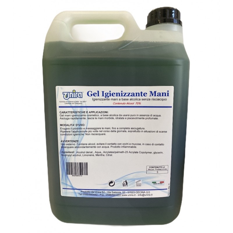 Acquista Igienizzante Gel Mani Alcolico 70% 5 LT con riferimento GELMAN5U della ditta UNIRA SRL
