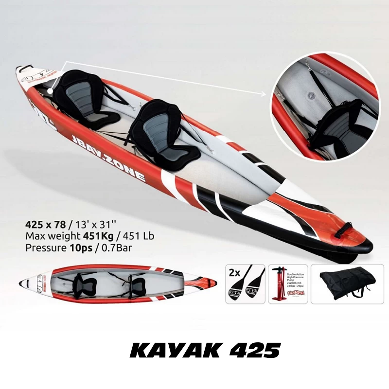 Acquista Kayak Canoa Gonfiabile Biposto JBAY.ZONE 425 da 425x78cm Interamente in DROP-STITCH ad Alta Pressione con riferimento 30014 della ditta JBAY.Zone