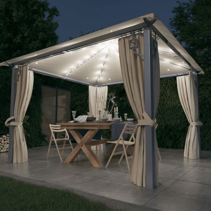 Acquista Gazebo con Tende Stringa di Luci LED 300x300 cm Crema Alluminio con riferimento GHV-3070332 della ditta GARDENHOME